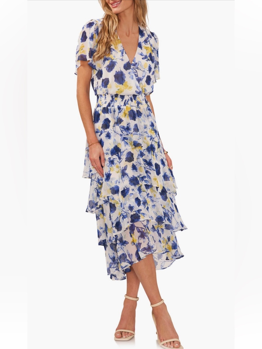 Vince Camuto Coastal Flutter Sleeve Tiered Ruffled Midi Dress Size P/XS NWOT
